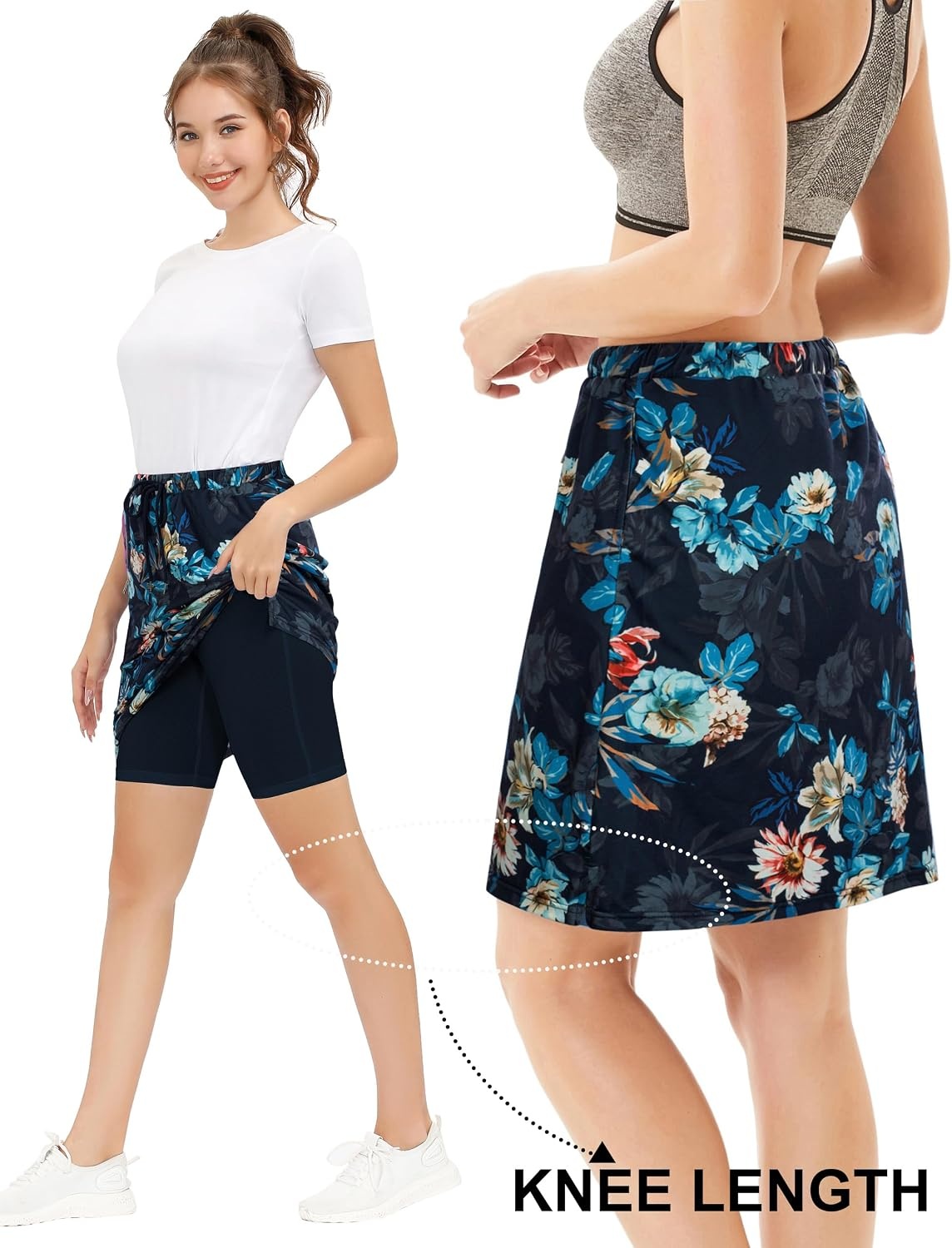 image:imageJACK SMITH Womens Stretchy Knee Length Skirts Athletic Skorts for Woman Drawstring Waist with Mesh Shorts PocketsBlue Floral Prints