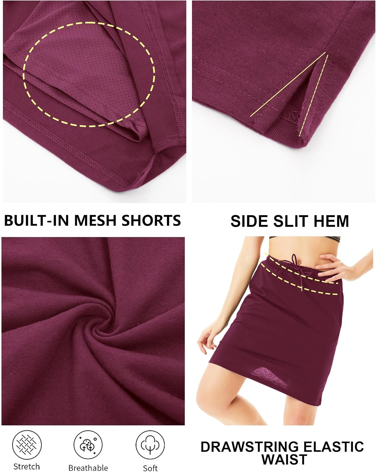 image:imageJACK SMITH Womens Stretchy Knee Length Skirts Athletic Skorts for Woman Drawstring Waist with Mesh Shorts PocketsDark Red