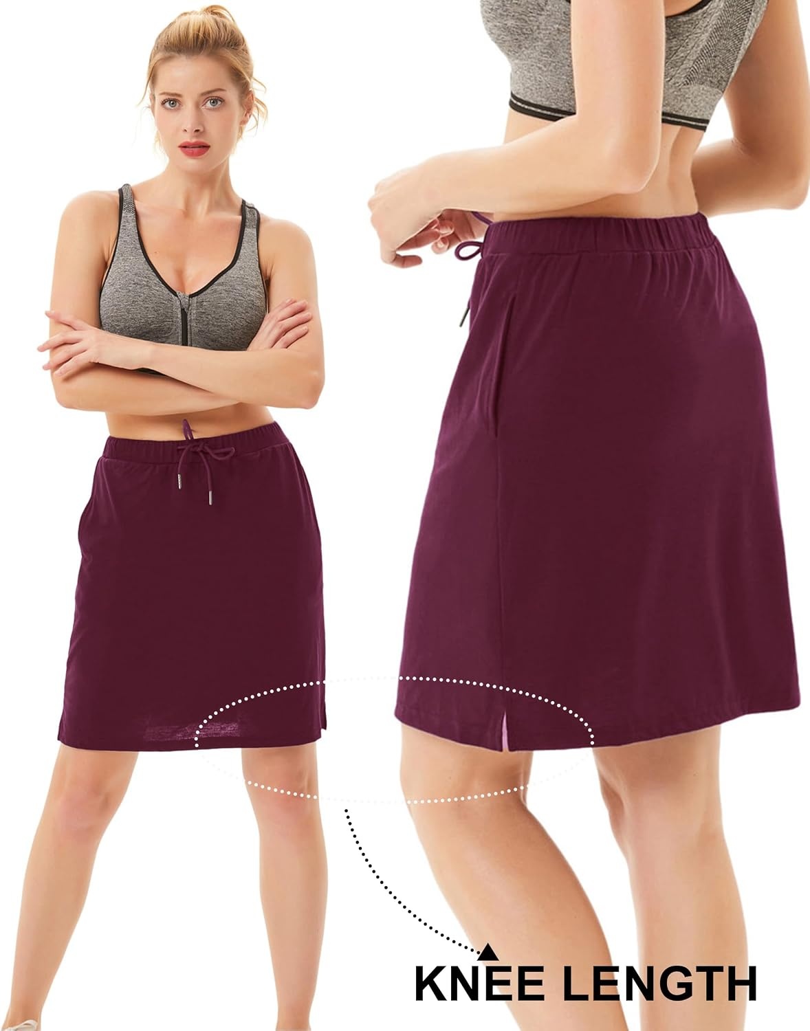 image:imageJACK SMITH Womens Stretchy Knee Length Skirts Athletic Skorts for Woman Drawstring Waist with Mesh Shorts PocketsDark Red