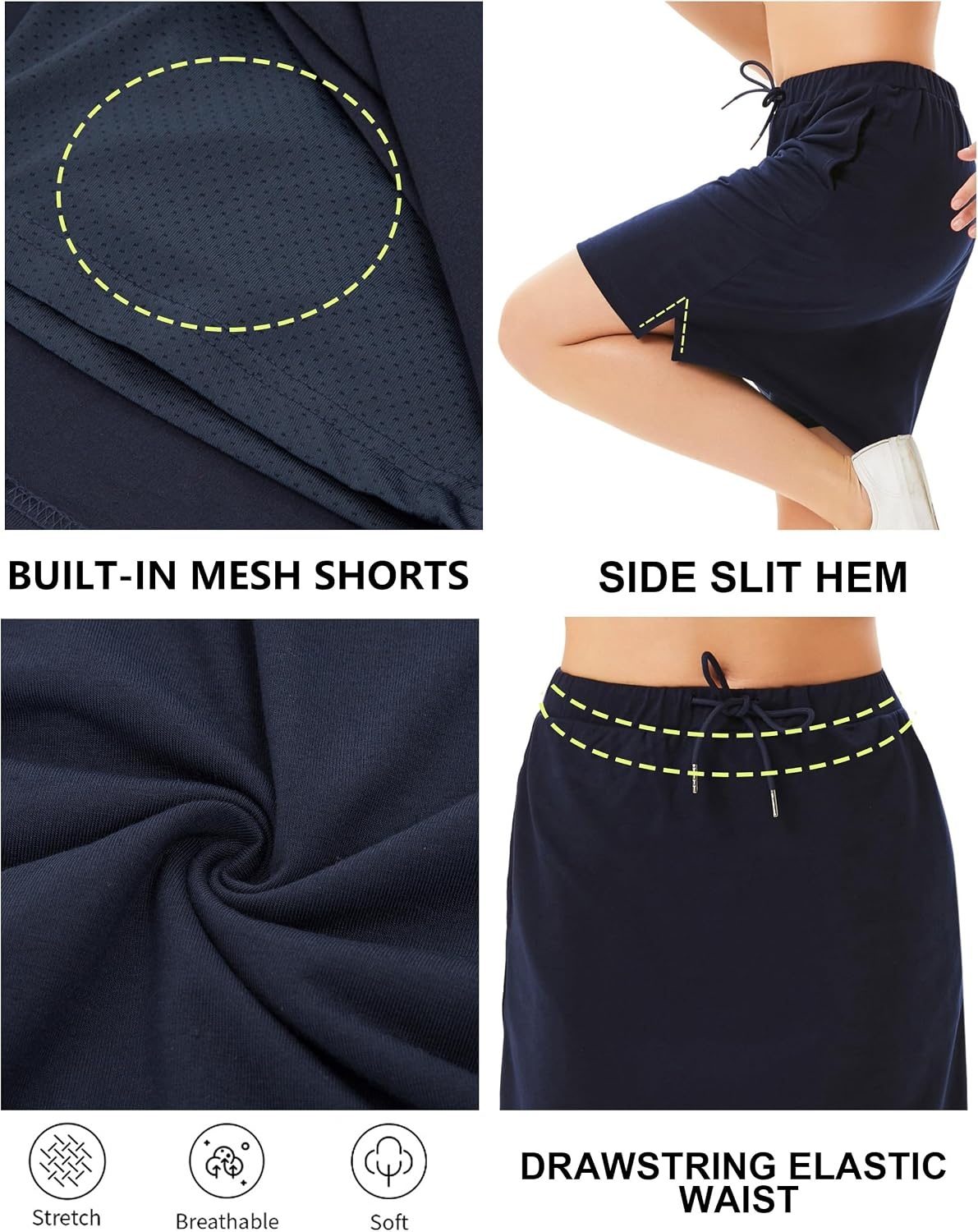 image:imageJACK SMITH Womens Stretchy Knee Length Skirts Athletic Skorts for Woman Drawstring Waist with Mesh Shorts PocketsNavy Blue