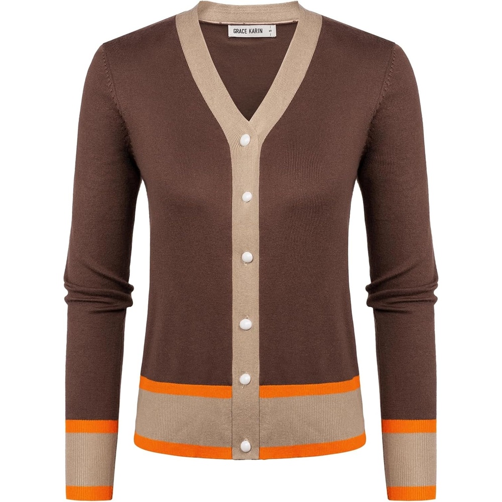 image:imageGRACE KARIN Cardigan Sweaters for Women Lightweight Long Sleeve Cropped Cardigan Summer Fall Fashion Clothing Outfits ShrugContrast Brown