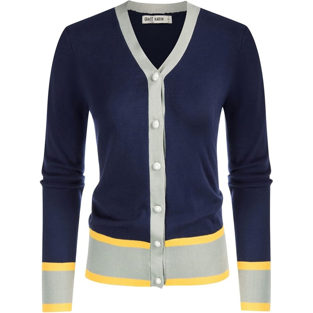 image:imageGRACE KARIN Cardigan Sweaters for Women Lightweight Long Sleeve Cropped Cardigan Summer Fall Fashion Clothing Outfits ShrugContrast Dark Blue