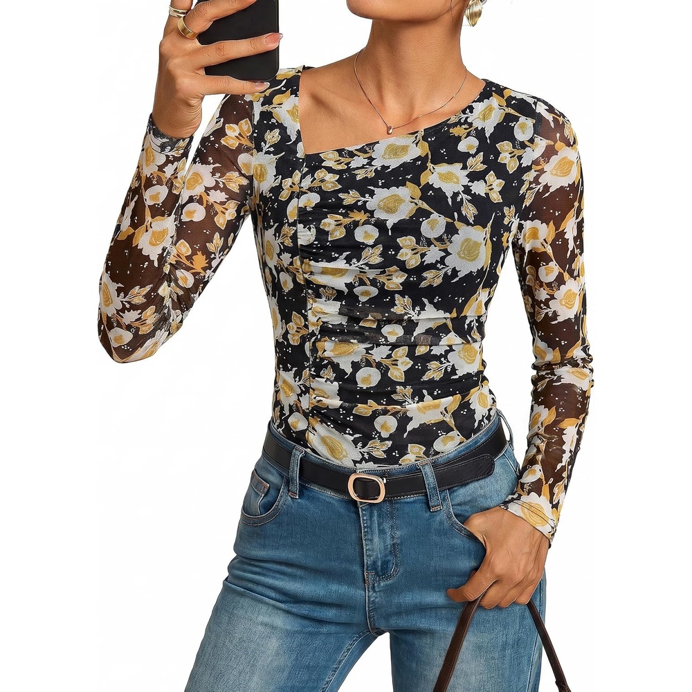 image:imageGRACE KARIN Women Mesh Asymmetrical Neck Shirts Dressy Casual Ruched Long Sleeve Boho Top 2026 Summer Blouse Floral ClothesBlack