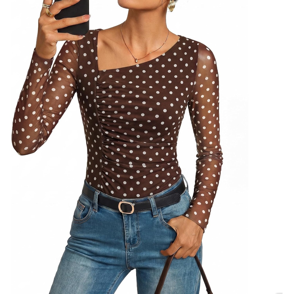 image:imageGRACE KARIN Women Mesh Asymmetrical Neck Shirts Dressy Casual Ruched Long Sleeve Boho Top 2026 Summer Blouse Floral ClothesBrown Polka Dot