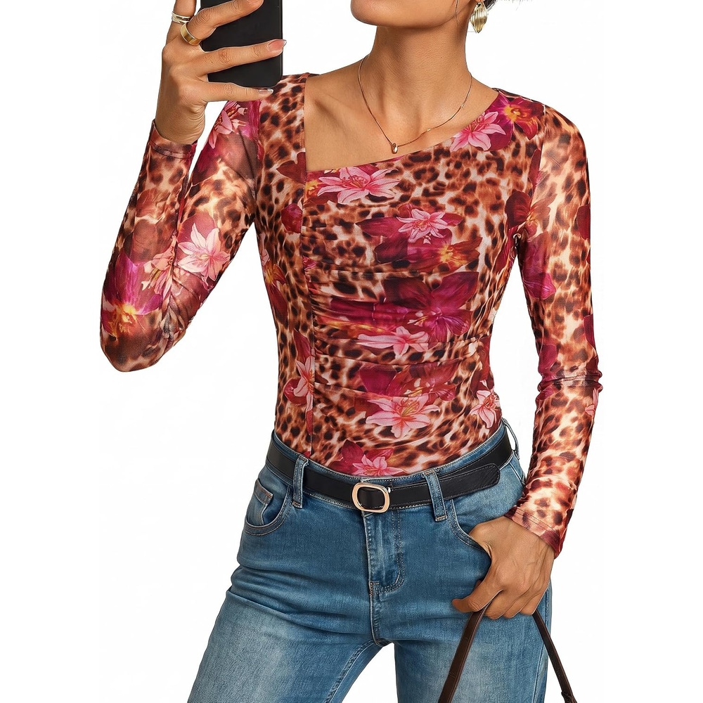 image:imageGRACE KARIN Women Mesh Asymmetrical Neck Shirts Dressy Casual Ruched Long Sleeve Boho Top 2026 Summer Blouse Floral ClothesLeopard
