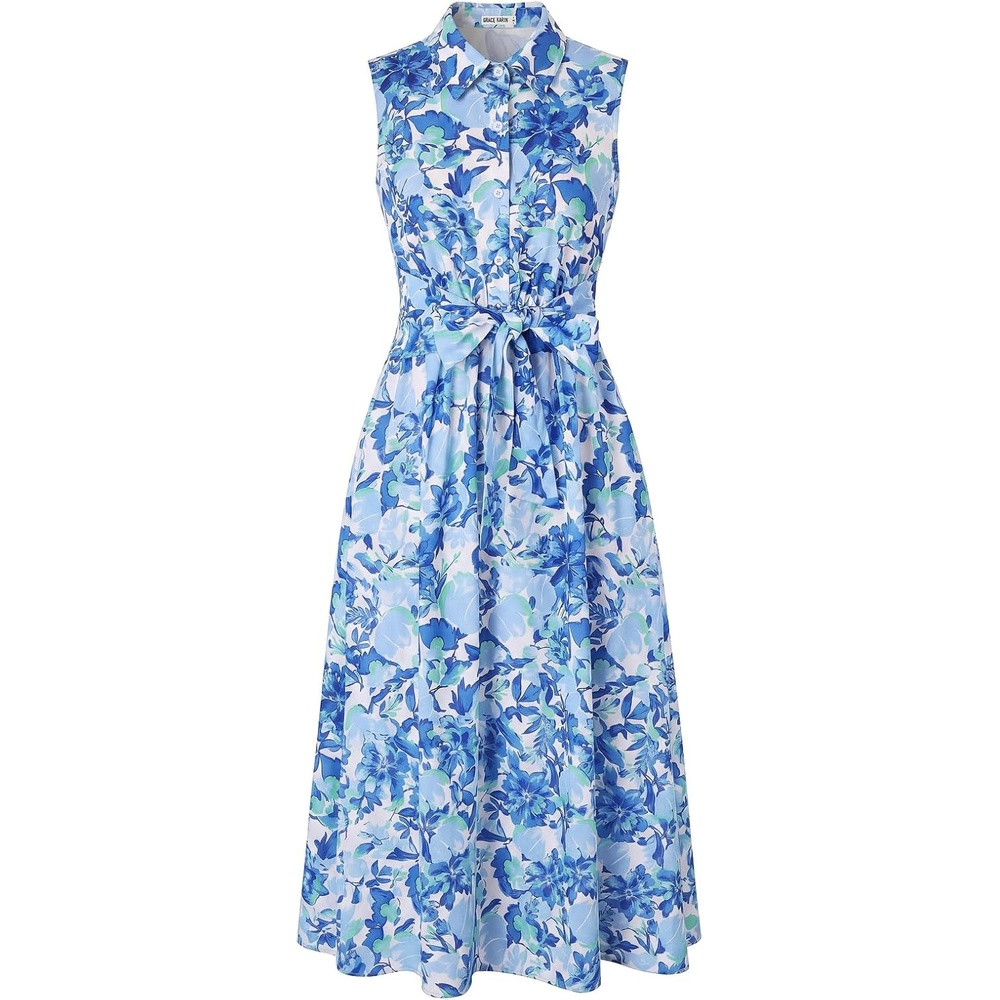 image:imageGRACE KARIN Womens 2026 Summer Sleeveless Floral Flowy Casual Dresses Boho Tie Belt A Line Shirt Midi Dress with PocketBlue Flower