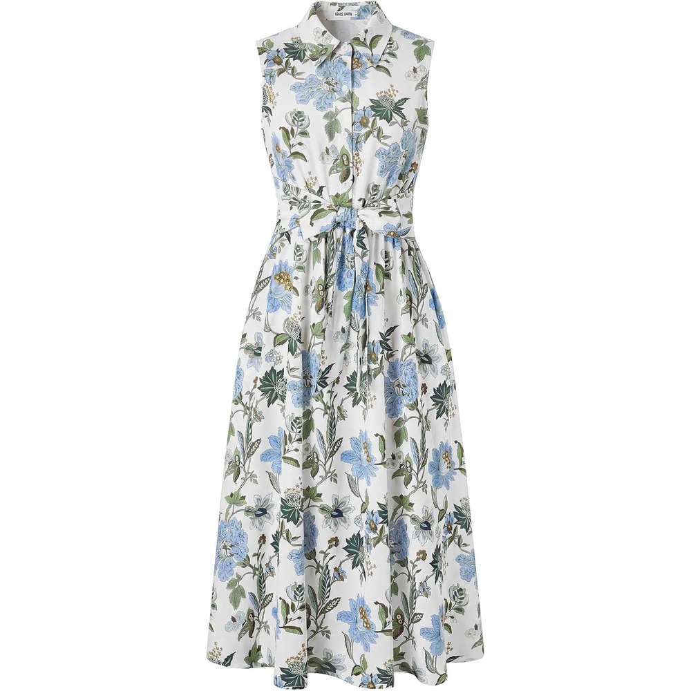 image:imageGRACE KARIN Womens 2026 Summer Sleeveless Floral Flowy Casual Dresses Boho Tie Belt A Line Shirt Midi Dress with PocketGreen