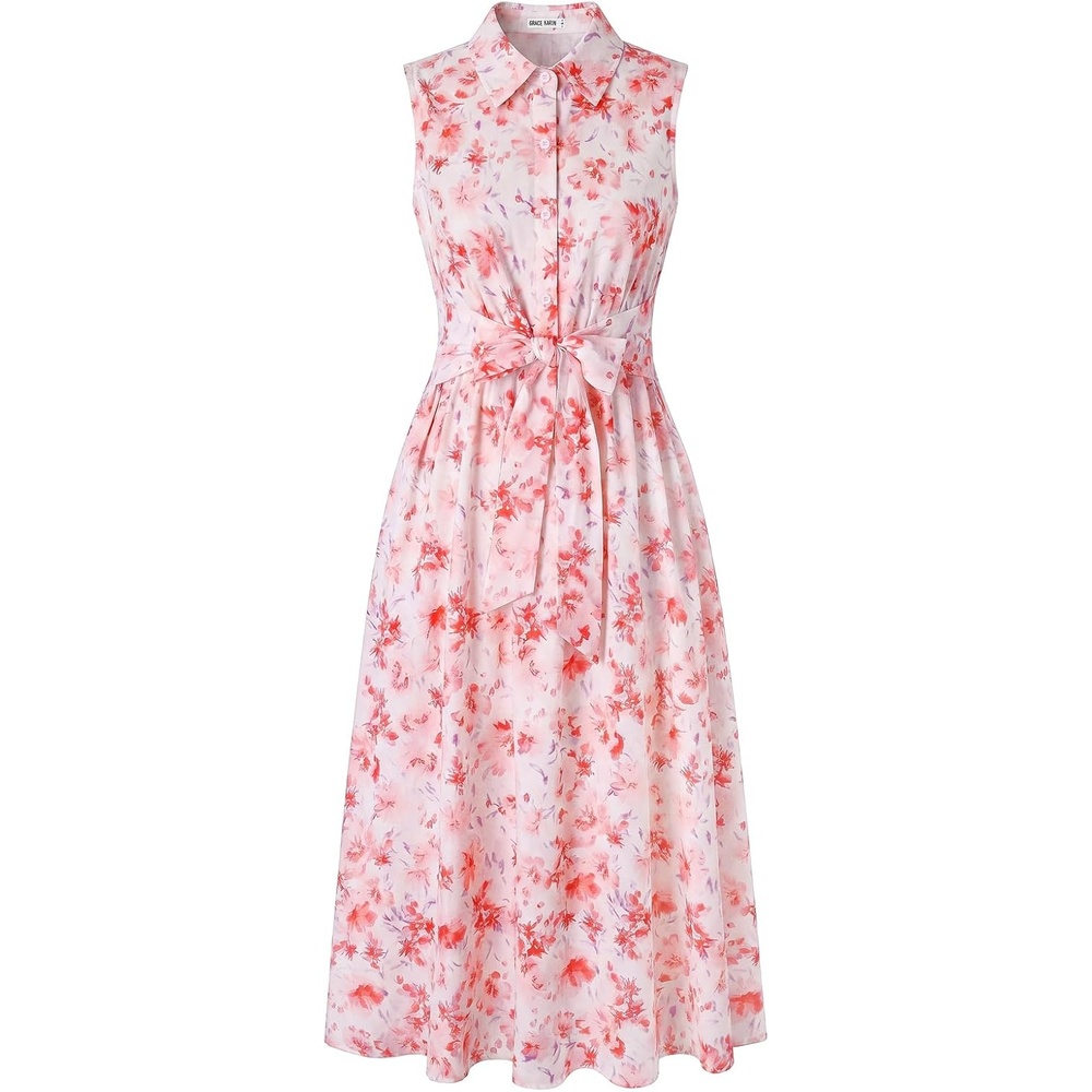 image:imageGRACE KARIN Womens 2026 Summer Sleeveless Floral Flowy Casual Dresses Boho Tie Belt A Line Shirt Midi Dress with PocketPink