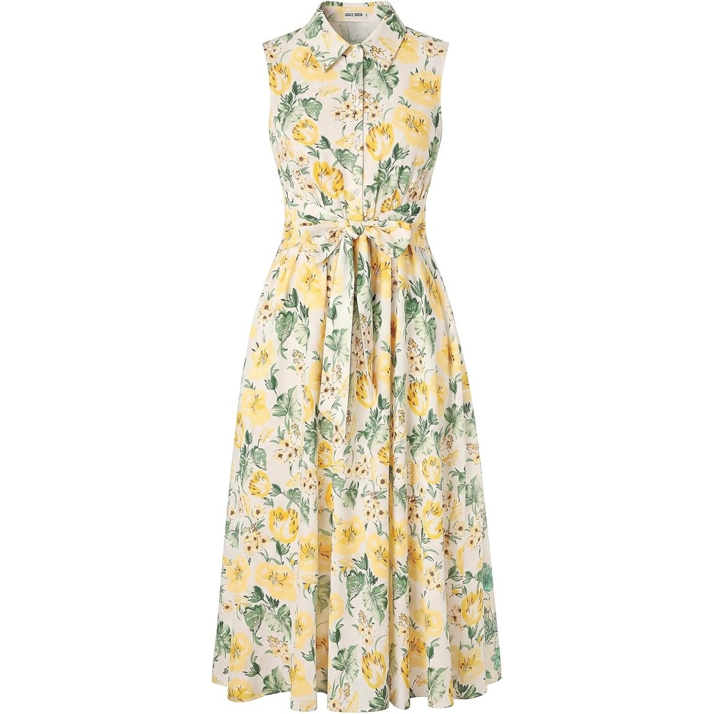image:imageGRACE KARIN Womens 2026 Summer Sleeveless Floral Flowy Casual Dresses Boho Tie Belt A Line Shirt Midi Dress with PocketYellow