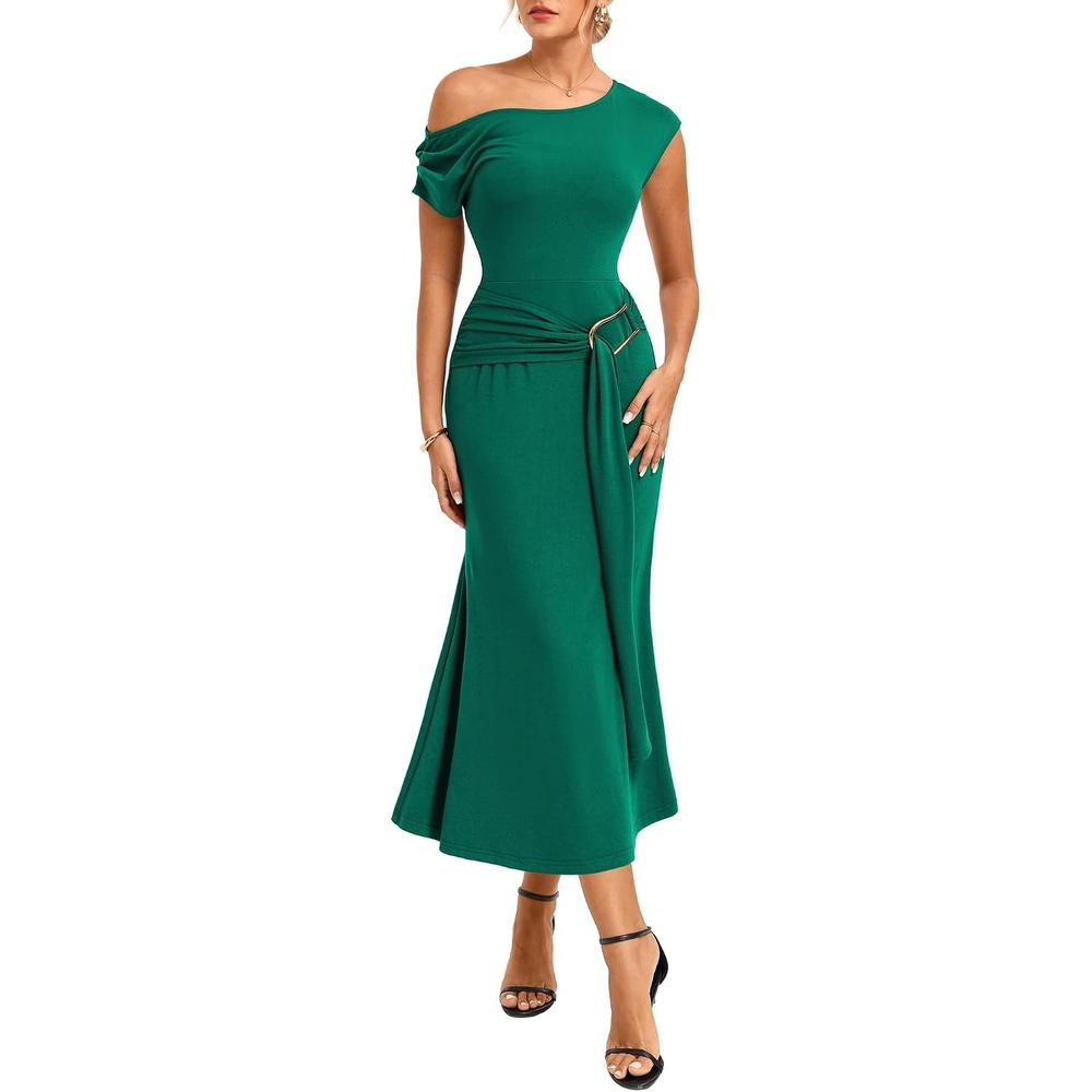 image:imageGRACE KARIN Womens 2026 Summer Wedding Guest Dresses Formal Cocktail One Shoulder Bodycon Dresses Elegant Ruched Maxi DressGreen