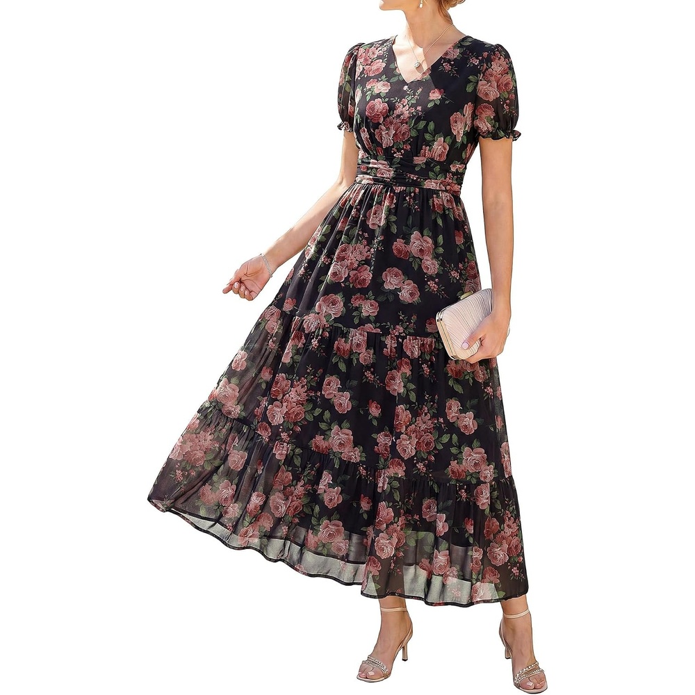 image:imageGRACE KARIN Womens 2026 Summer Wedding Guest Maxi Dresses Floral V Neck Short Sleeve Elegant Flowy Formal Dress with PocketsFloral Black