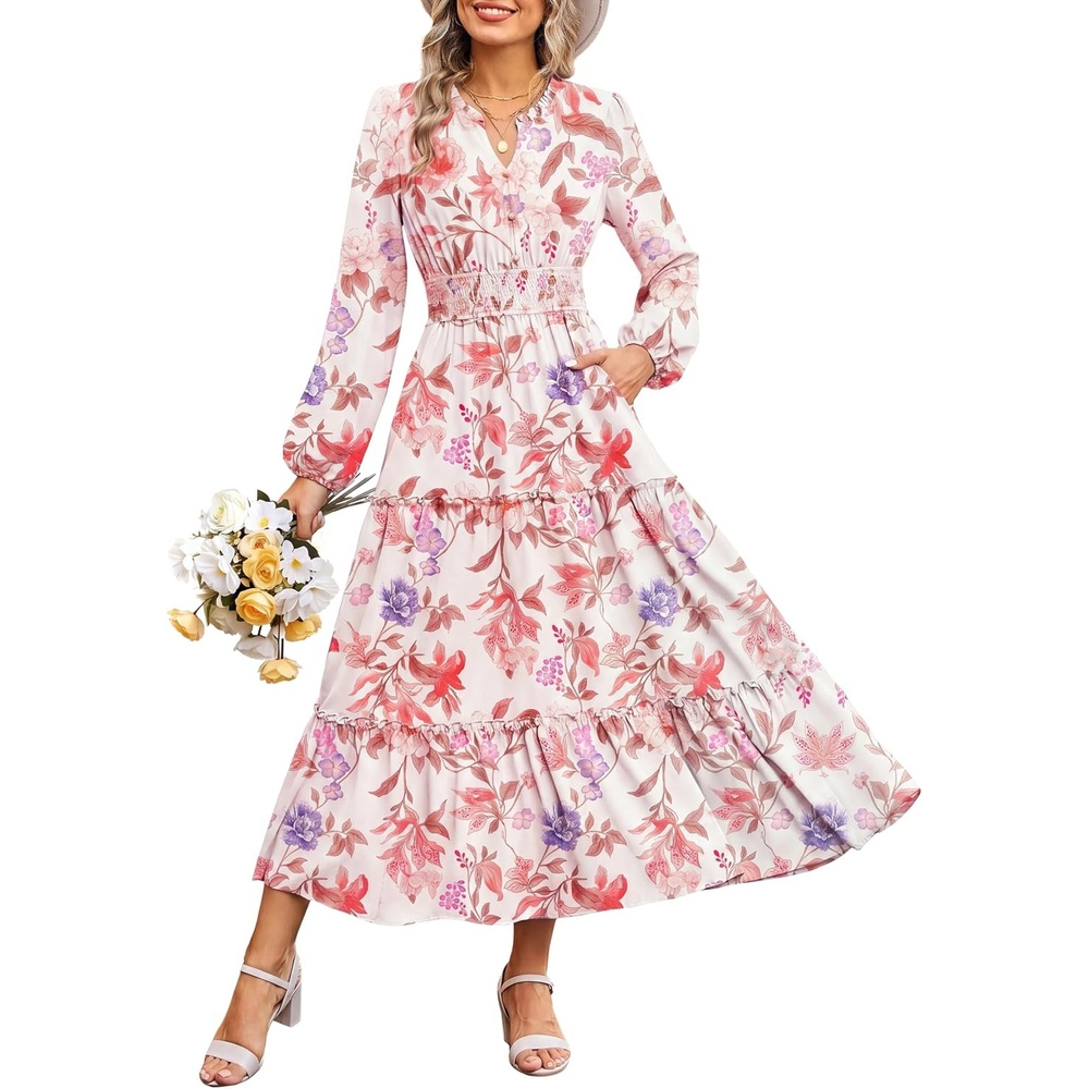 image:imageGRACE KARIN Womens Floral Maxi Dress 2026 Fall Long Sleeve V Neck Empire Waist A Line Flowy Dress with PocketApricot