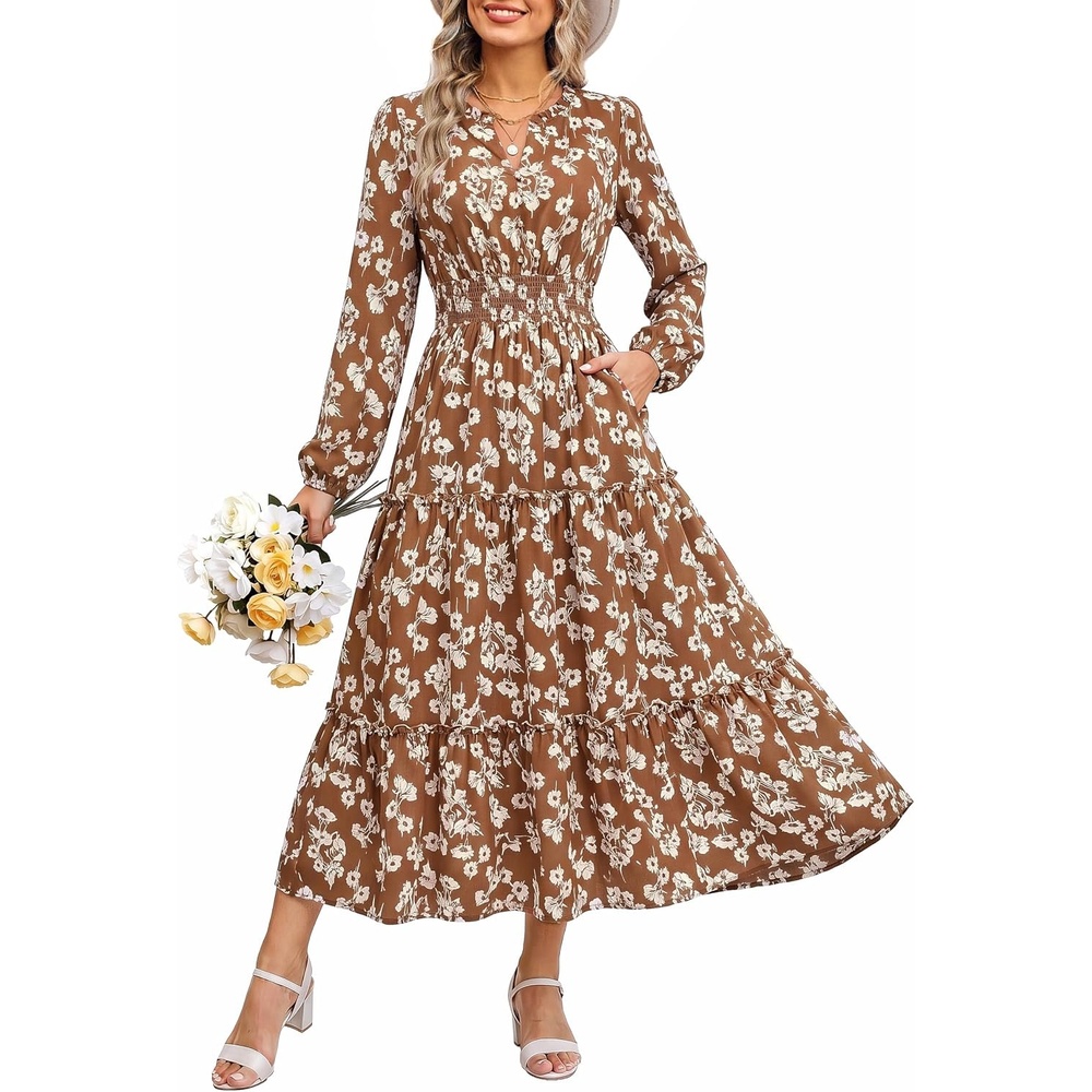 image:imageGRACE KARIN Womens Floral Maxi Dress 2026 Fall Long Sleeve V Neck Empire Waist A Line Flowy Dress with PocketBrown