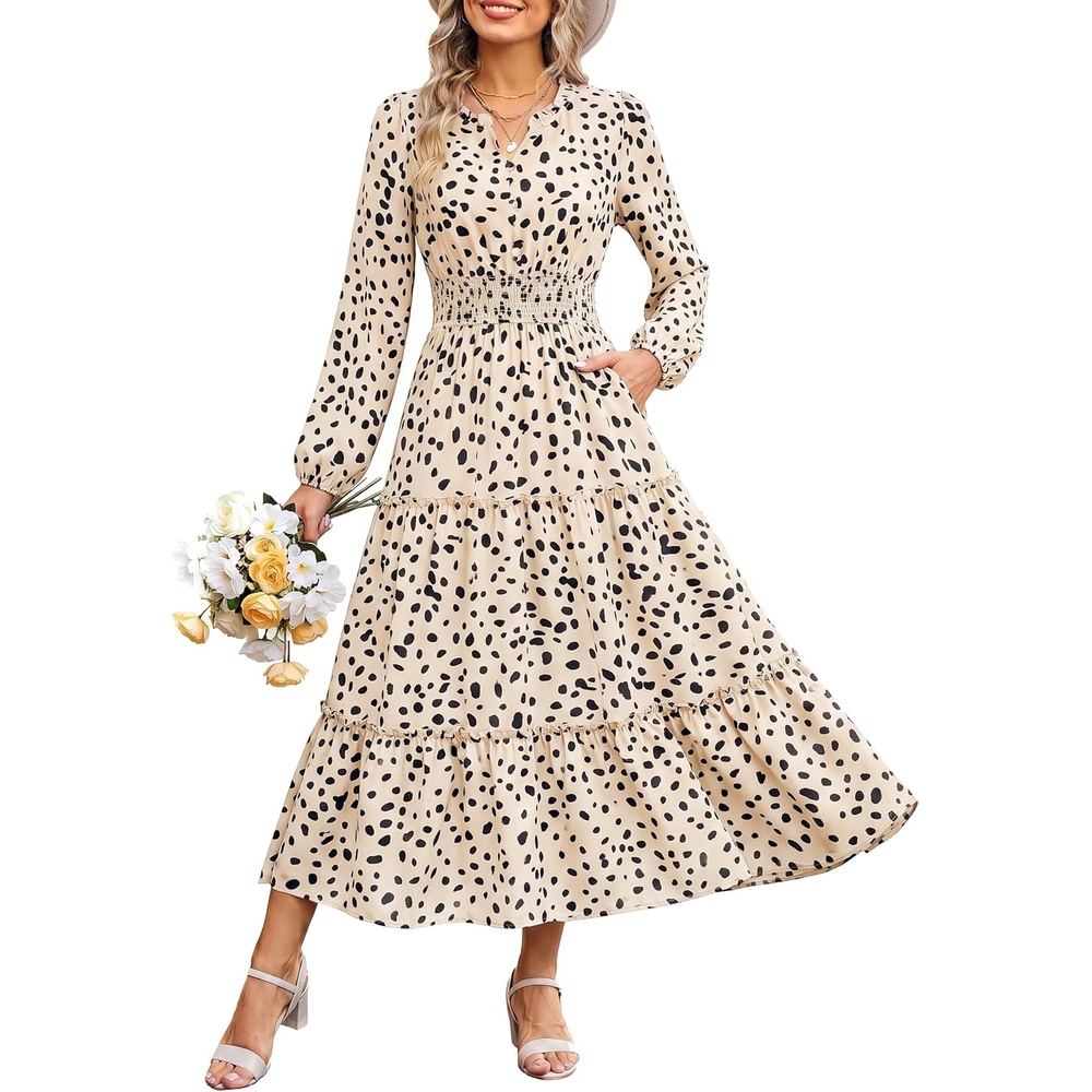 image:imageGRACE KARIN Womens Floral Maxi Dress 2026 Fall Long Sleeve V Neck Empire Waist A Line Flowy Dress with PocketOffwhite Polka Dots