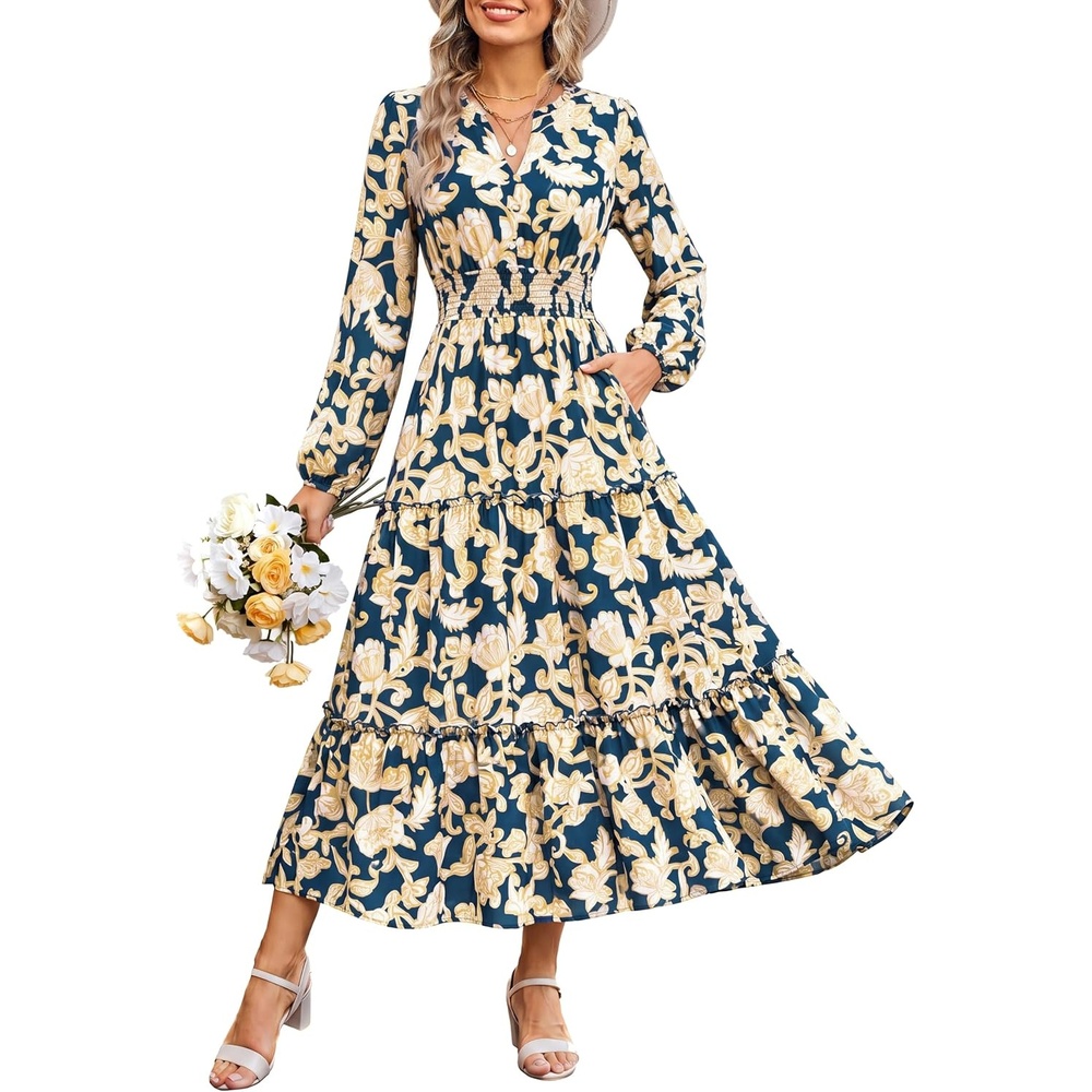 image:imageGRACE KARIN Womens Floral Maxi Dress 2026 Fall Long Sleeve V Neck Empire Waist A Line Flowy Dress with PocketPeacock Blue White Floral