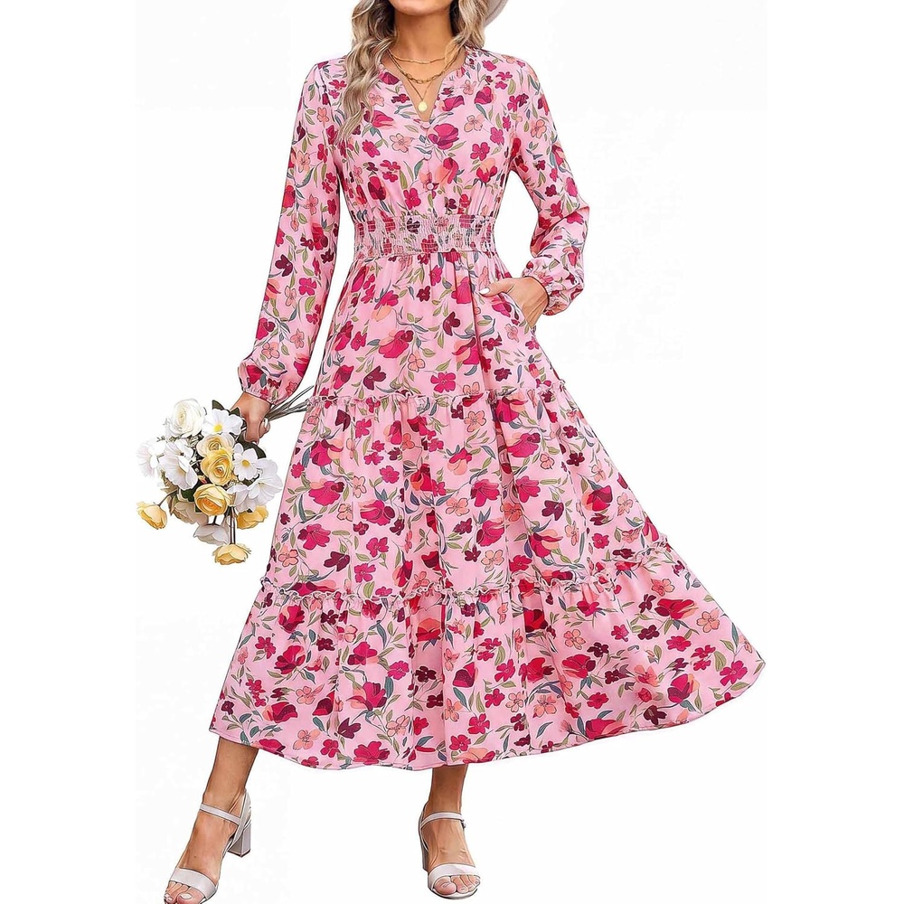 image:imageGRACE KARIN Womens Floral Maxi Dress 2026 Fall Long Sleeve V Neck Empire Waist A Line Flowy Dress with PocketPink Floral