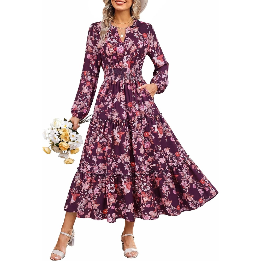 image:imageGRACE KARIN Womens Floral Maxi Dress 2026 Fall Long Sleeve V Neck Empire Waist A Line Flowy Dress with PocketPurple Red Floral