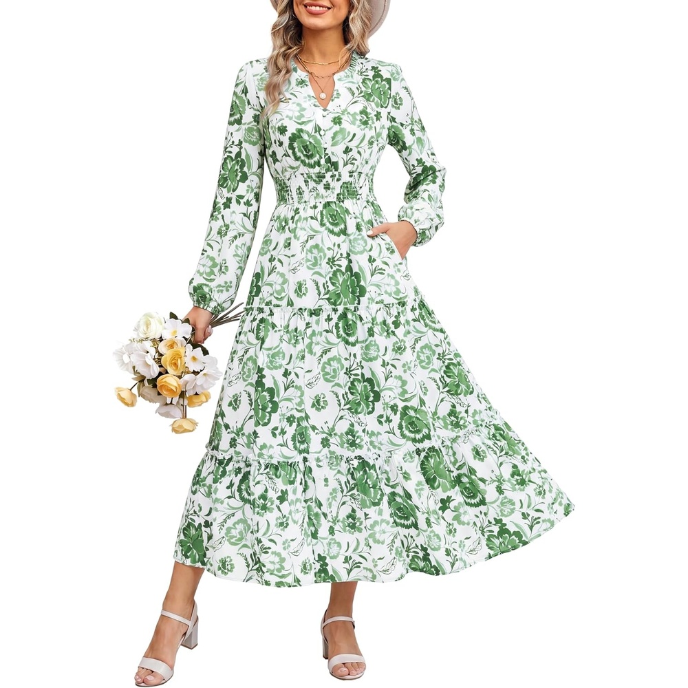 image:imageGRACE KARIN Womens Floral Maxi Dress 2026 Fall Long Sleeve V Neck Empire Waist A Line Flowy Dress with PocketWhite Green