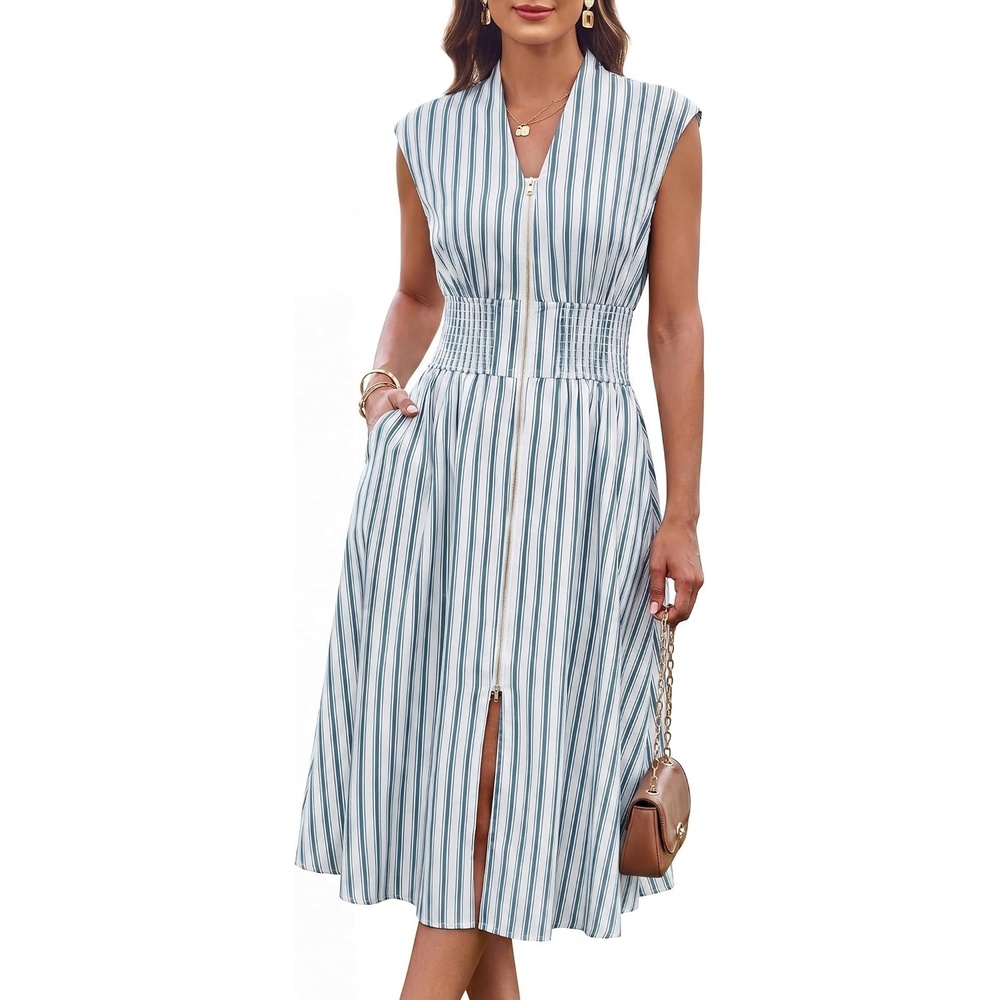 image:imageGRACE KARIN Womens Summer Casual Dress Business Office Work Dresses Cap Sleeve Zipper Front Flowy Midi Dress with PocketsWhite Blue Striped