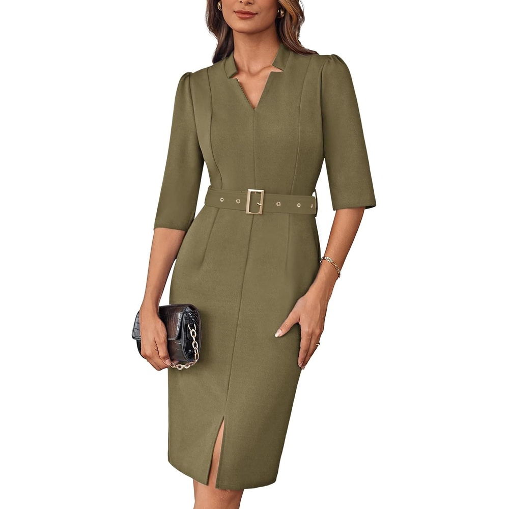image:imageGRACE KARIN Womens Work Dress 34 Sleeve V Neck Bodycon Sheath Dress Zipper Up Office Business Dresses with BeltGrey Green
