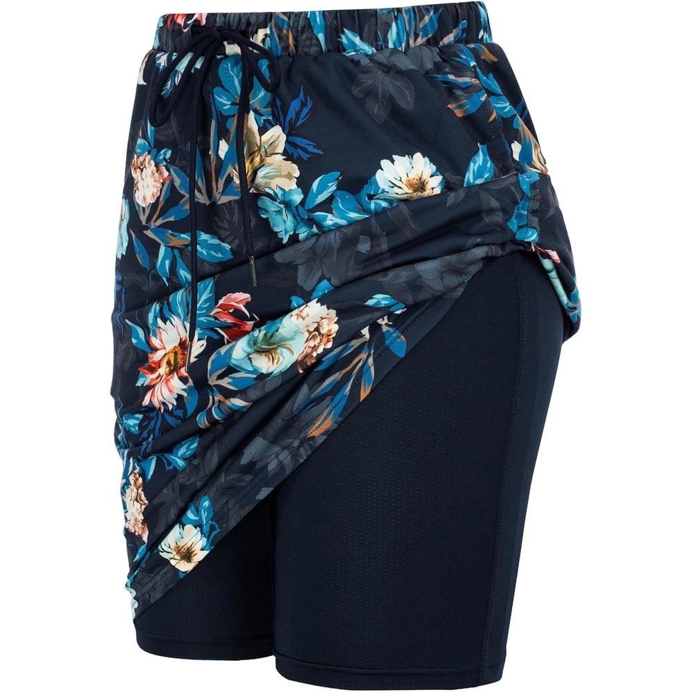 image:imageJACK SMITH Womens Stretchy Knee Length Skirts Athletic Skorts for Woman Drawstring Waist with Mesh Shorts PocketsBlue Floral Prints