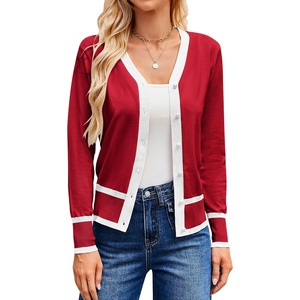 GRACE KARIN Cardigan Sweaters for Women Lightweight Long Sleeve Cropped Cardigan Summer Fall Fashion Clothing Outfits Shrug(Red White)