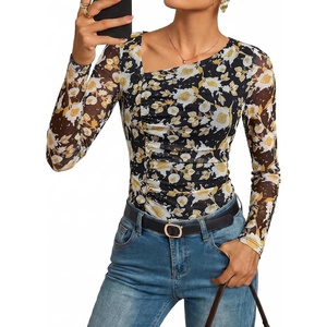 GRACE KARIN Women Mesh Asymmetrical Neck Shirts, Dressy Casual Ruched Long Sleeve Boho Top, 2026 Summer Blouse Floral Clothes(Black)