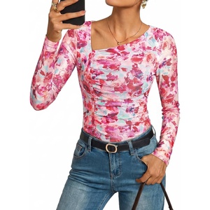 GRACE KARIN Women Mesh Asymmetrical Neck Shirts, Dressy Casual Ruched Long Sleeve Boho Top, 2026 Summer Blouse Floral Clothes(Blue)
