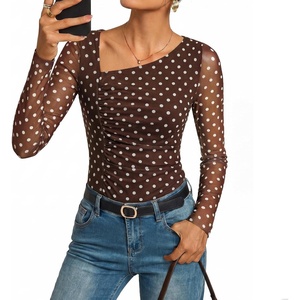 GRACE KARIN Women Mesh Asymmetrical Neck Shirts, Dressy Casual Ruched Long Sleeve Boho Top, 2026 Summer Blouse Floral Clothes(Brown Polka Dot)