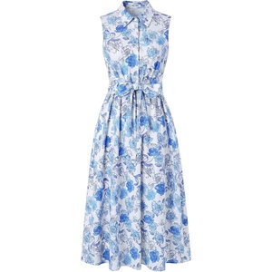 GRACE KARIN Women’s 2026 Summer Sleeveless Floral Flowy Casual Dresses Boho Tie Belt A Line Shirt Midi Dress with Pocket(Blue)