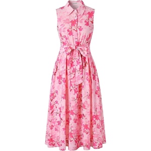 GRACE KARIN Women’s 2026 Summer Sleeveless Floral Flowy Casual Dresses Boho Tie Belt A Line Shirt Midi Dress with Pocket(Pink Flower)