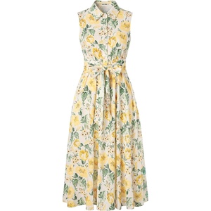 GRACE KARIN Women’s 2026 Summer Sleeveless Floral Flowy Casual Dresses Boho Tie Belt A Line Shirt Midi Dress with Pocket(Yellow)