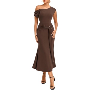 GRACE KARIN Women’s 2026 Summer Wedding Guest Dresses Formal Cocktail One Shoulder Bodycon Dresses Elegant Ruched Maxi Dress(Brown)