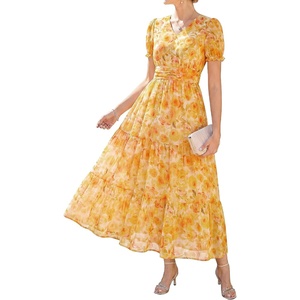 GRACE KARIN Women’s 2026 Summer Wedding Guest Maxi Dresses Floral V Neck Short Sleeve Elegant Flowy Formal Dress with Pockets(Floral Yellow)