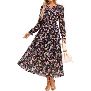 GRACE KARIN Women’s Floral Long Sleeve Maxi Dress 2026 V Neck Fall Wedding Guest Outfits Boho Flowy Dresses with Pockets(Black Pink Floral)