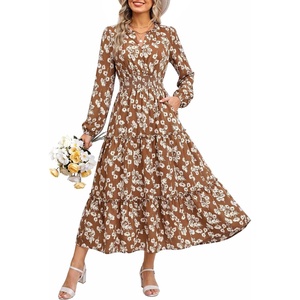 GRACE KARIN Women’s Floral Maxi Dress 2026 Fall Long Sleeve V Neck Empire Waist A Line Flowy Dress with Pocket(Brown)