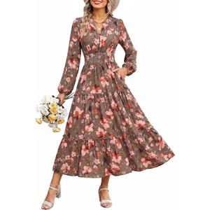 GRACE KARIN Women’s Floral Maxi Dress 2026 Fall Long Sleeve V Neck Empire Waist A Line Flowy Dress with Pocket(Green Orange)