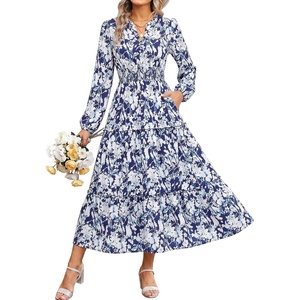 GRACE KARIN Women’s Floral Maxi Dress 2026 Fall Long Sleeve V Neck Empire Waist A Line Flowy Dress with Pocket(Navy)