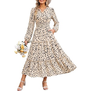 GRACE KARIN Women’s Floral Maxi Dress 2026 Fall Long Sleeve V Neck Empire Waist A Line Flowy Dress with Pocket(Off-white Polka Dots)