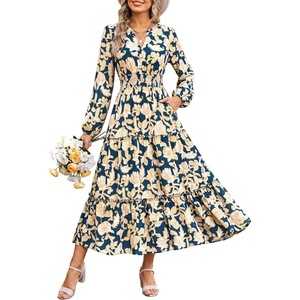 GRACE KARIN Women’s Floral Maxi Dress 2026 Fall Long Sleeve V Neck Empire Waist A Line Flowy Dress with Pocket(Peacock Blue White Floral)