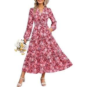 GRACE KARIN Women’s Floral Maxi Dress 2026 Fall Long Sleeve V Neck Empire Waist A Line Flowy Dress with Pocket(Red Pink)