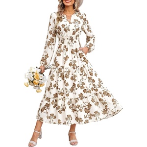 GRACE KARIN Women’s Floral Maxi Dress 2026 Fall Long Sleeve V Neck Empire Waist A Line Flowy Dress with Pocket(White Brown)