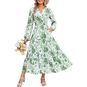 GRACE KARIN Women’s Floral Maxi Dress 2026 Fall Long Sleeve V Neck Empire Waist A Line Flowy Dress with Pocket(White Green)