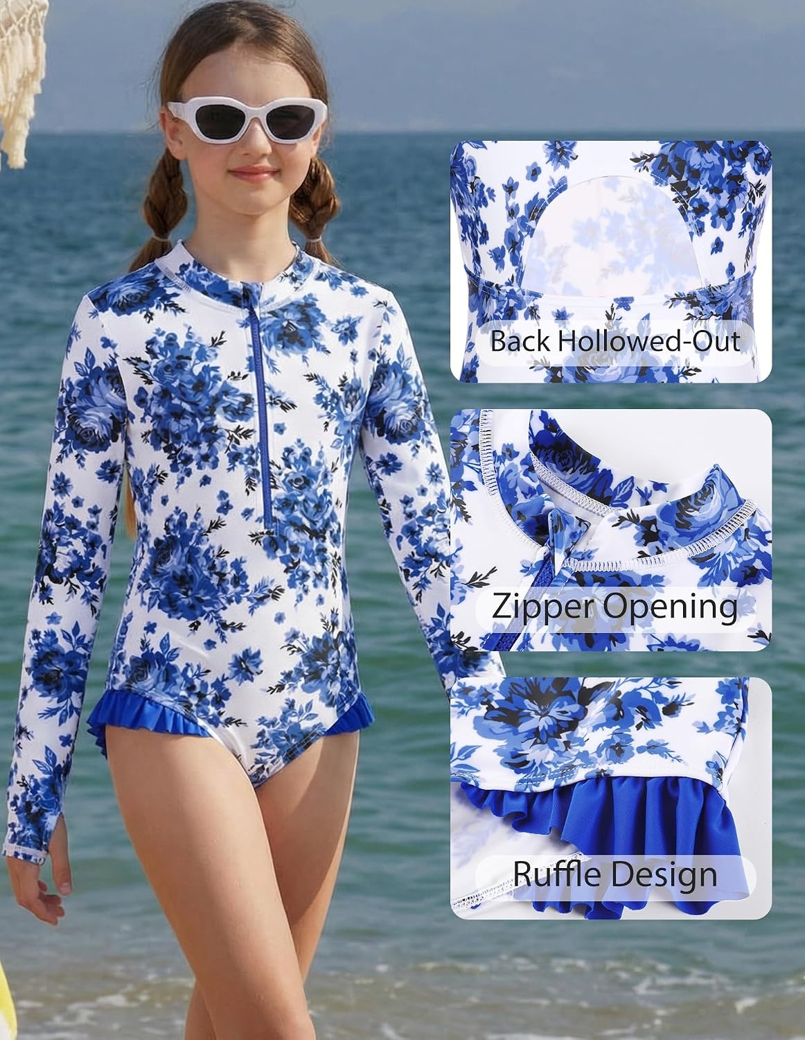 image:imageGRACE KARIN Girls One Piece Swimsuits Long Sleeve Bathing Suits Swimwear 514YBlue White Floral