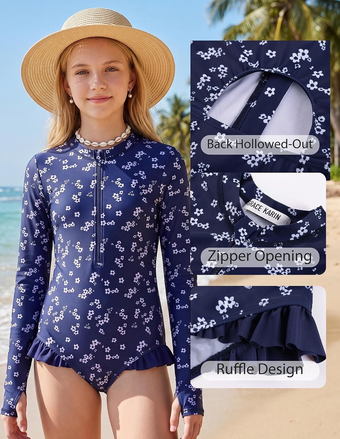 image:imageGRACE KARIN Girls One Piece Swimsuits Long Sleeve Bathing Suits Swimwear 514YNavy Blue Daisy