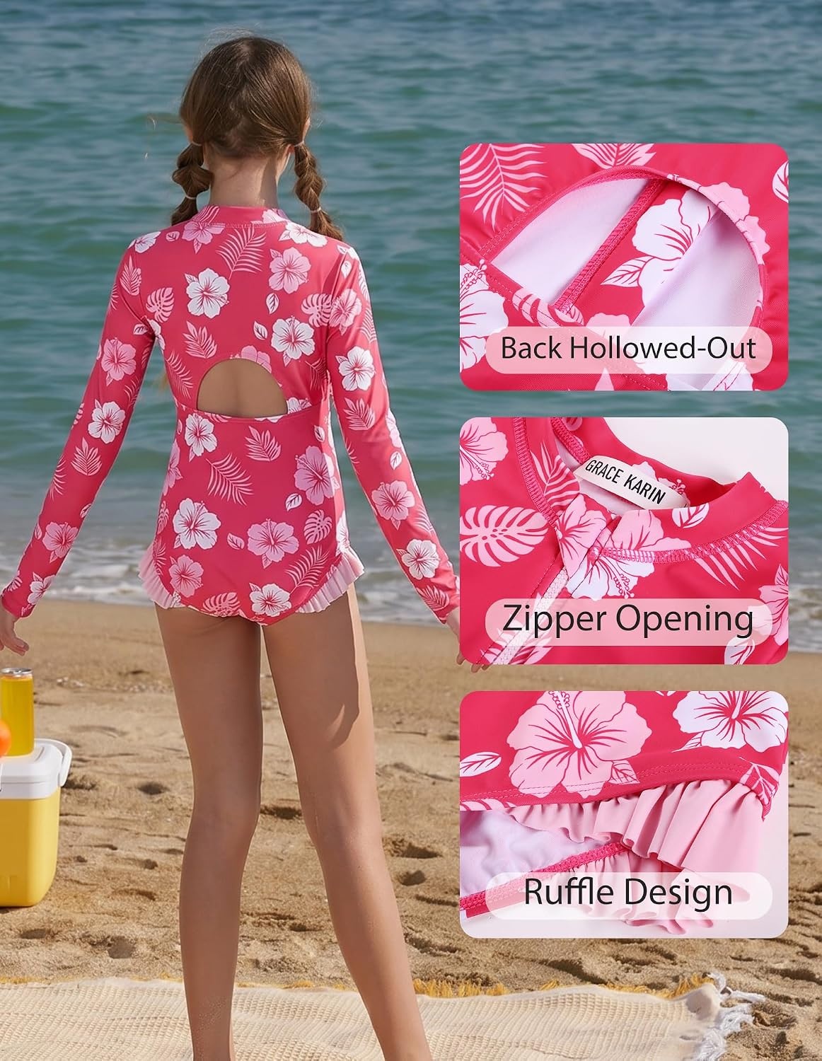 image:imageGRACE KARIN Girls One Piece Swimsuits Long Sleeve Bathing Suits Swimwear 514YPink White Floral