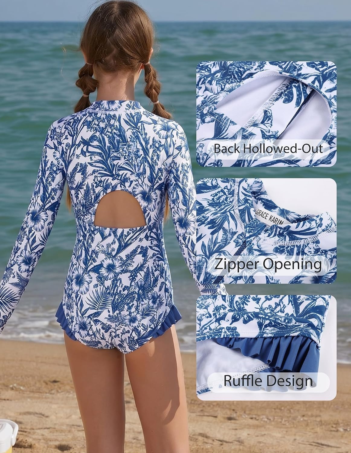 image:imageGRACE KARIN Girls One Piece Swimsuits Long Sleeve Bathing Suits Swimwear 514YWhite Gray Blue Floral