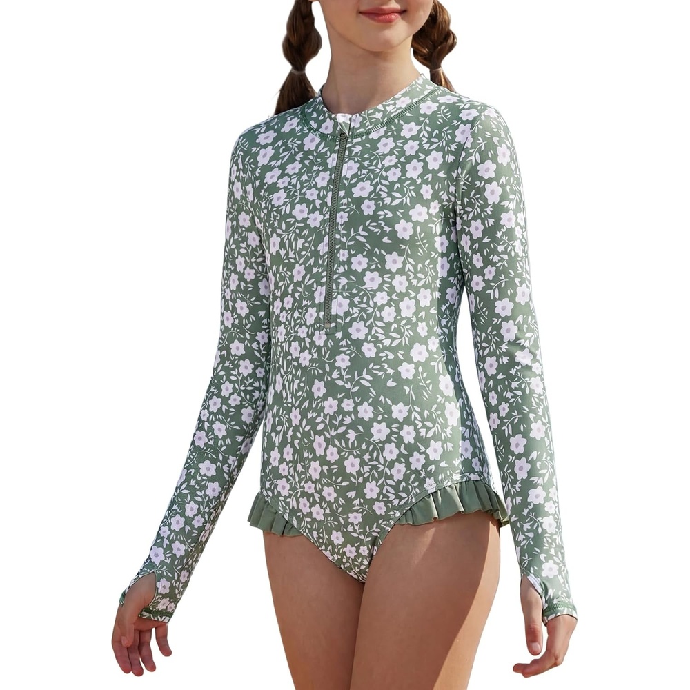 image:imageGRACE KARIN Girls One Piece Swimsuits Long Sleeve Bathing Suits Swimwear 514YGray Green Daisy