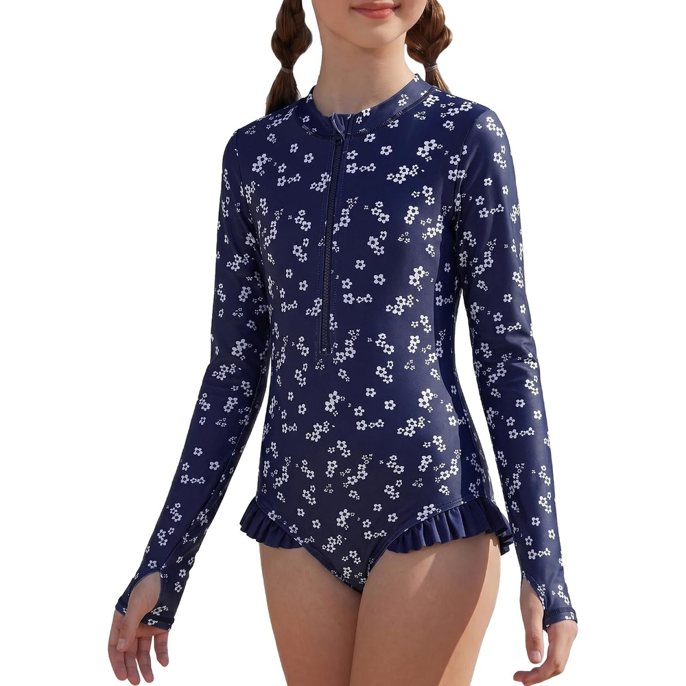 image:imageGRACE KARIN Girls One Piece Swimsuits Long Sleeve Bathing Suits Swimwear 514YNavy Blue Daisy