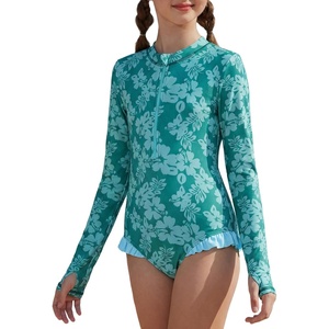 GRACE KARIN Girls One Piece Swimsuits Long Sleeve Bathing Suits Swimwear 5-14Y(Blue-green Floral)